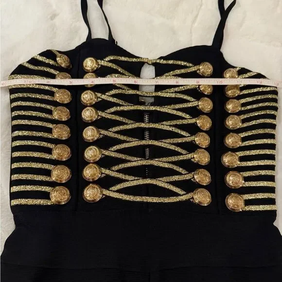 Dalia Macphee Black & Gold Bodycon Military Jumpsuit Size 2/4 Small NWT